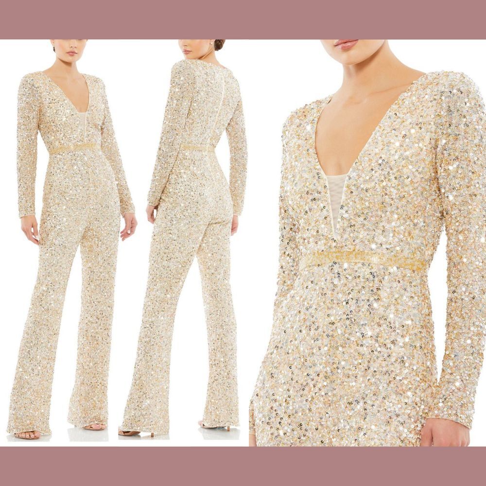 NWT $398‎ Mac Duggal [ 4 ] Long Sleeve Sequin Jumpsuit in Nude Gold #S946